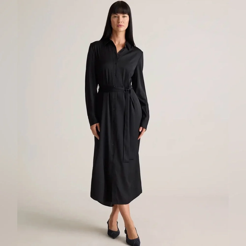 Quince black stretch washable silk shirtdress size small- NWOT - Picture 2 of 16